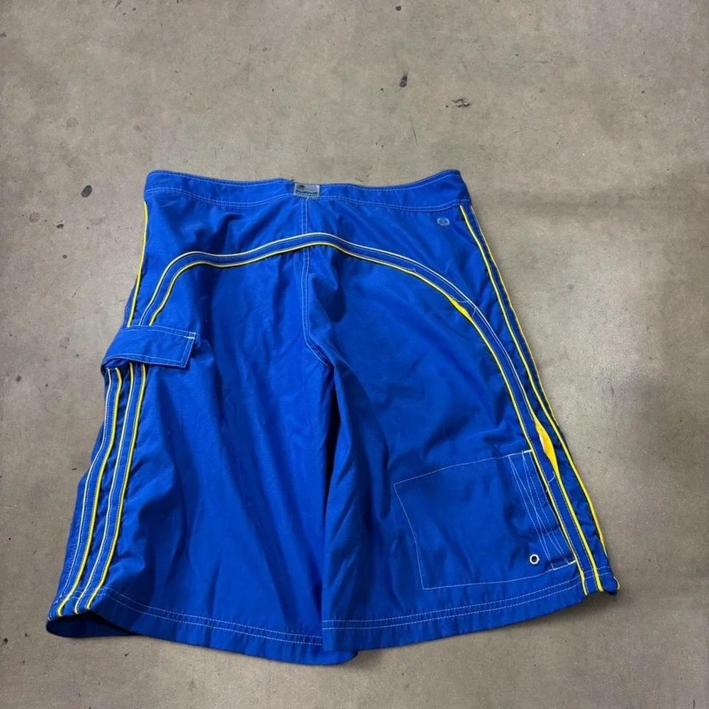 Phys Sci Mens Blue Board Shorts Size 36 Y2K Yellow Stripe Cargo Swim Trunks